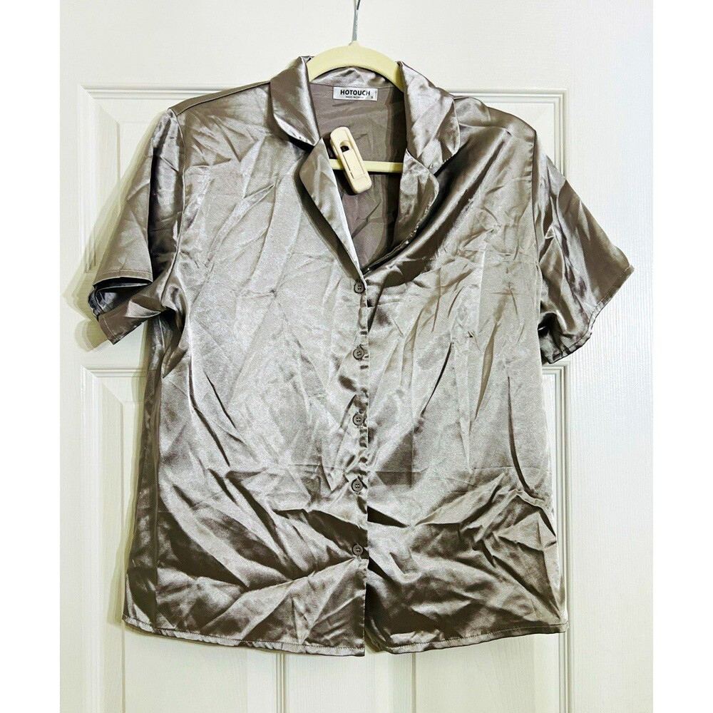 HOTOUCH pewter Satin Pajama Set Short Sleeve Collared Button Top, Small